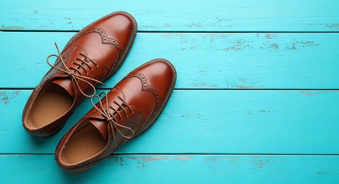 Classic mens brown leather brogue shoes elegantly placed on a vibrant weathered blue wooden floor