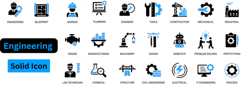 Engineering solid icon set. Engineering icon set. 