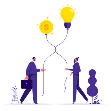 Venture capital or financial support for startup and entrepreneur company, make money idea or idea pitching for fund raising, businessman and woman merge lightbulb balloon and money coin balloon