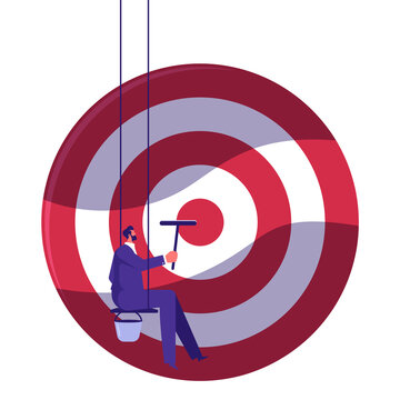 Unclear target or blind business vision concept, confusion and inefficiency due to poor business vision, businessman on ropes cleaning target