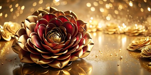 Flower 3d with white flowers stands on beige background. Decorative 3D made of gold, white red flowers. wellpaper golden decorative © Graphic Leading 