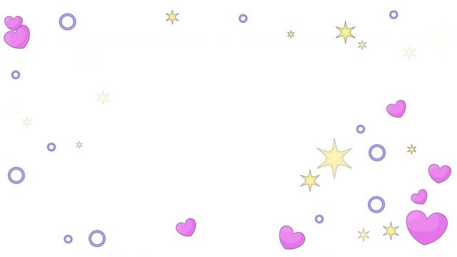 Floating cute hearts and shining stars decorative transparent overlay animation. Dreamy frame for romantic and playful Y2K visual. 2D cartoon animated elements 4k video. Decorative motion graphics