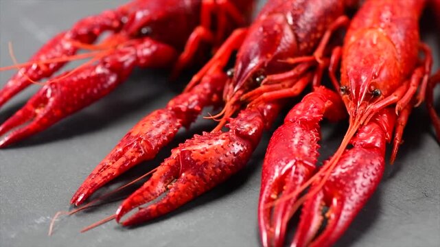 Crayfish, Crawfish closeup. Red boiled crayfishes on stone slate dark background. Crawfishes. Fresh Lobster closeup, slow motion rotating background. Close-up 