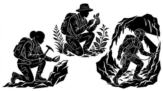 Vector illustration set of scientists conducting field research, including a geologist examining rocks with a hammer, a botanist inspecting plants, and a speleologist exploring a cave, black and white