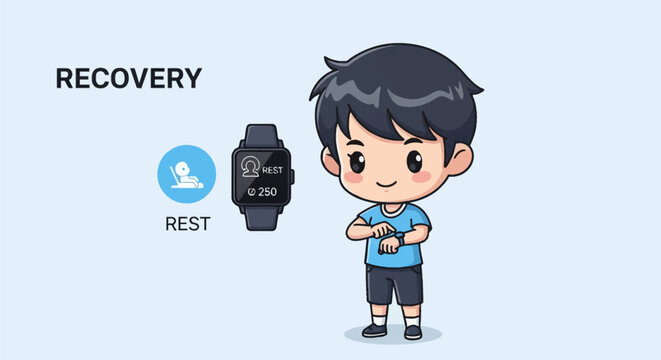 Chibi boy cartoon character checking a smartwatch for fitness recovery data, featuring text for rest and recovery with a zoomed-in view of the wearable device screen on a light background.