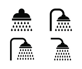 Four different black shower head icons with water droplets © Adnan