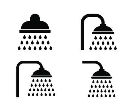 Four different black shower head icons with water droplets