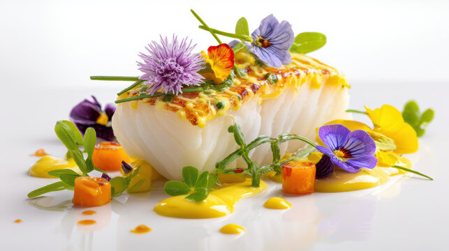 poached haddock with mustard sauce presentation