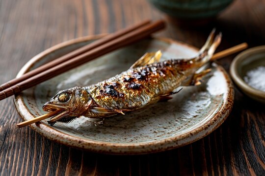 Grilled ayu sweetfish on skewer, evening izakaya plating