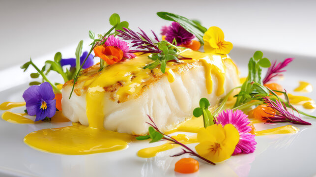 poached haddock with mustard sauce presentation