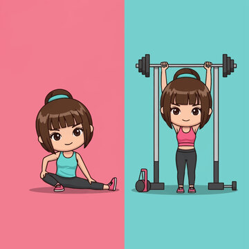 Cute chibi girl character performing gym exercises including leg stretching and overhead barbell weightlifting, vector illustration set against split pink and teal backgrounds.
