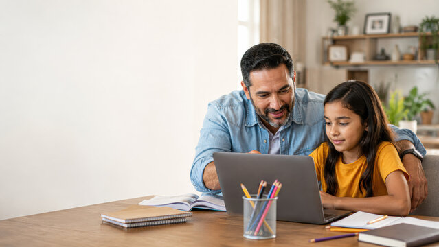 A father and daughter use a laptop together at a table, engaged in learning or homework in a cozy home setting.