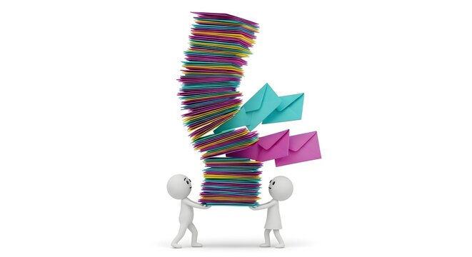 Two small figures balancing a tall stack of colorful envelopes