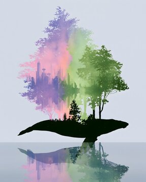 Whale silhouette with forest trees and futuristic cityscape double exposure in pink green purple on light blue background
