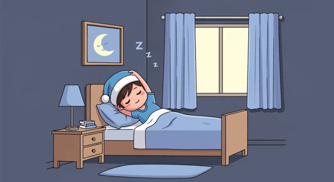 Cute chibi boy character wearing blue nightcap sleeping peacefully in a wooden bed inside a bedroom with a nightstand, lamp, and window, cartoon illustration of a child dreaming.