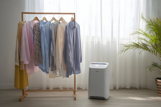 室内干しされた白い洗濯物と除湿器。梅雨の時期清潔な暮らしとランドリーイメージ