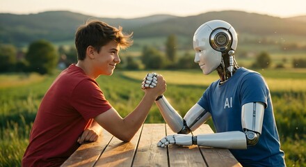 Fototapeta premium Young man and robot engaging in arm wrestling outdoors during sunset