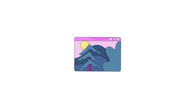 Calm pine tree landscape desktop window 2D cartoon object animation. Relaxed lofi digital aesthetic. Web browser screen with sunset nature animated flat colorful item 4K video isolated on transparent