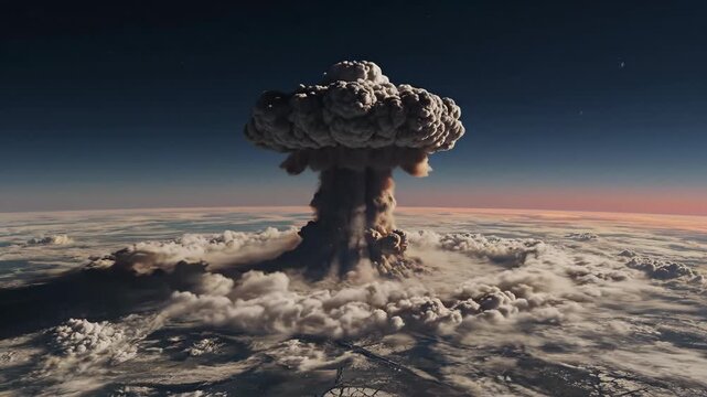 Explosive mushroom cloud rises dramatically over the horizon, showcasing a powerful nuclear detonation with billowing smoke and fiery debris against a clear sky