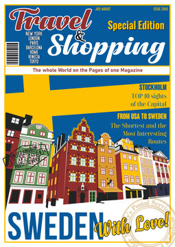 Travel and Shopping Magazine Fake Cover. Sweden with Love. Stockholm Old City Tourist Attraction Illustration. Swedish Flag, Vector Template for Touristic Illustrations, Posters, Covers
