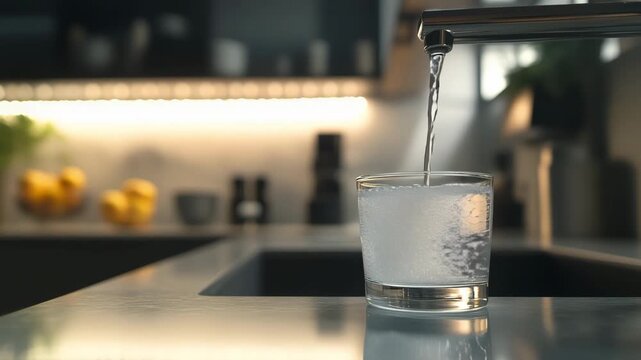 Water flows from faucet into glass on countertop in bright kitchen with modern decor and ambient lighting