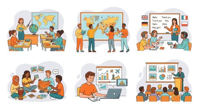 Diverse people learning languages in classroom and at home with globe map laptop