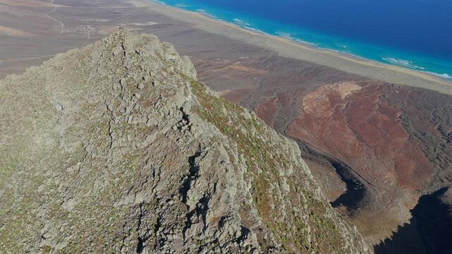 Aerial view of Playa de Cofete from above the Pico de la Zarza in Fuertaventura