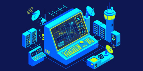 ATC air traffic control radar screen interface. Aviation navigation dashboard with aircraft track data and flight routes. Vector illustration. © Dimas