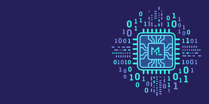 Machine learning microchip processor with binary code numbers. Artificial intelligence CPU circuit board icon on dark blue background. Vector illustration.