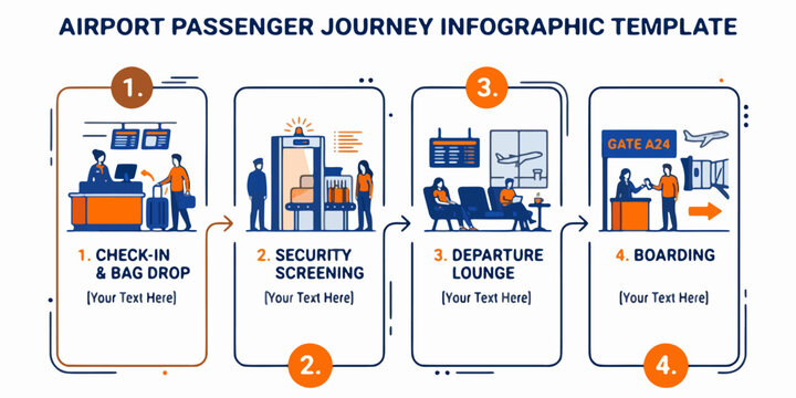 Airport passenger journey flow chart blueprint schematic. International flight departure and arrival process technical drawing. Vector illustration.
