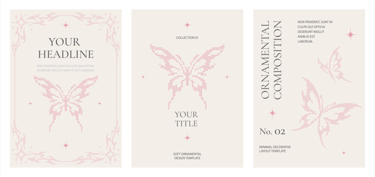 Cyber Butterfly Decorative Poster Templates in Soft Pink and Gray Colors. Futuristic Y2K Vector Layout Collection with Pixel Ornament Details.