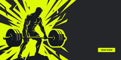 Fitness banner template with bodybuilder doing barbell squats, gym flyer design Workout event banner template with weightlifter silhouette and text space © Dimas