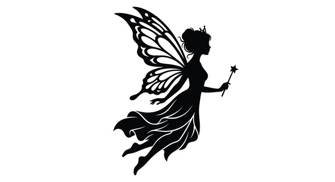fairy silhouette with wings and wand isolated on white
