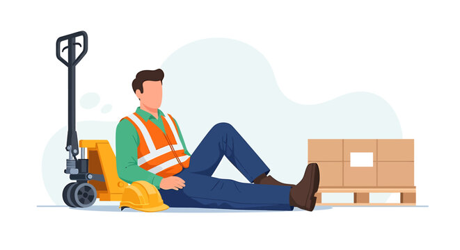 Warehouse Worker Resting Beside Pallet Jack and Boxes.