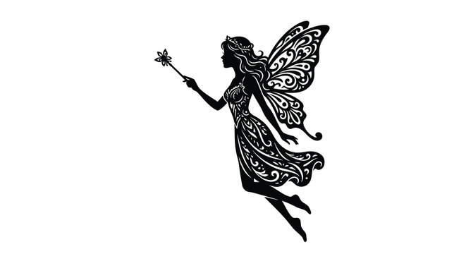 fairy silhouette with ornate wings on white background