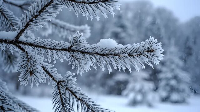 Close up of a snow covered pine tree branch in winter forest.