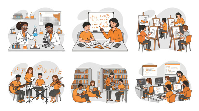 Students learning in various classrooms and studying different subjects