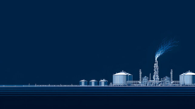 Dark blue wall white line art industrial refinery skyline with storage tank and flare stack emitting energy