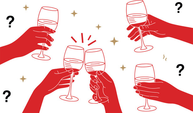 Red hands toasting wine glasses with question marks and stars