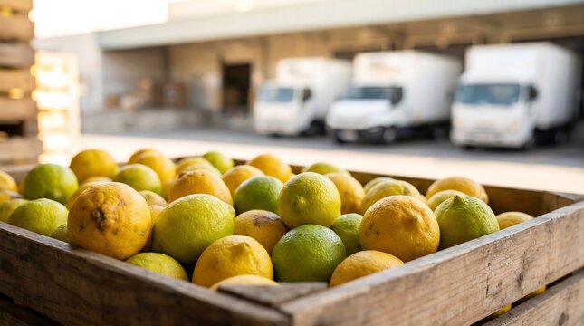 Fresh Lemon Crates at Warehouse Loading Dock With Delivery Trucks