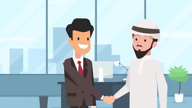 2D Animated Scene of an Arab Entrepreneur and a Corporate Businessman Shaking Hands in a Modern Office, Global Partnership Concept