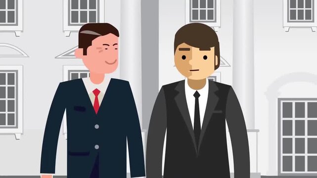 2D Animation of Two Business Professionals in Suits Greeting Each Other in a Hallway, Corporate Etiquette Concept