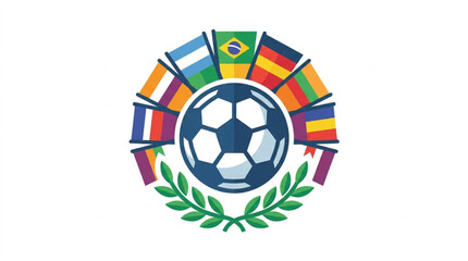 Obraz premium Soccer ball surrounded by international flags and laurel wreath.