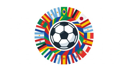 Obraz premium Soccer ball surrounded by international flags in a circle.