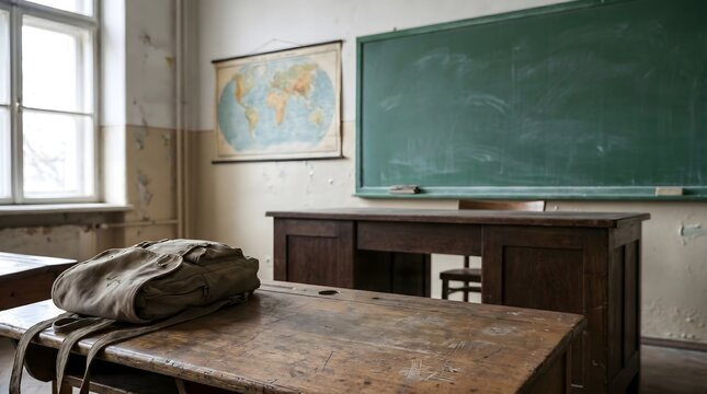 An old canvas bag rests on a vintage wooden desk inside an empty classroom with a blackboard and world map evoking forgotten education