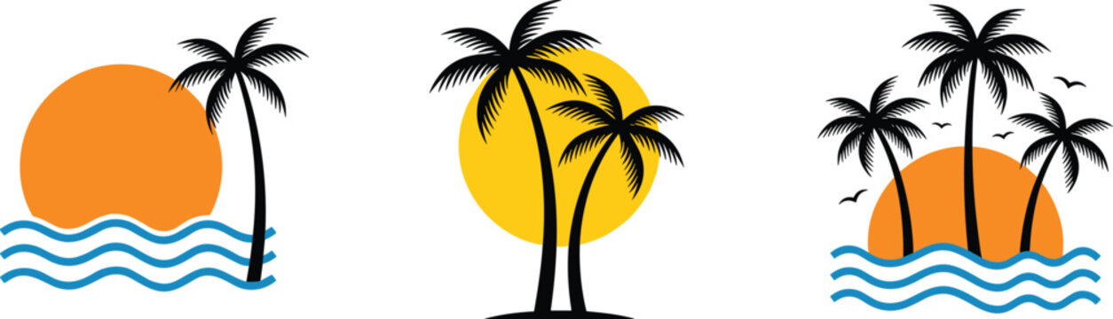 Minimalist Summer Sunset Icon Set with Palm Tree Silhouettes Linear Sea Waves and Flying Birds for Tropical Beach Travel Logo Designs