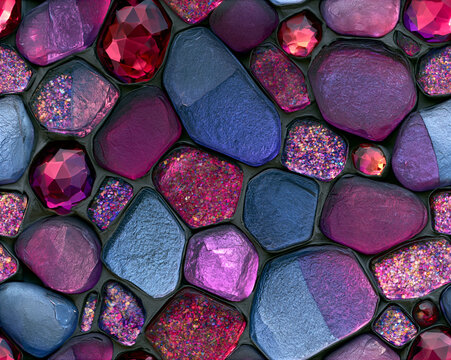 Decorative pattern of various purple and blue stones suitable for backgrounds, textures, crafts, jewelry, and interior design projects.