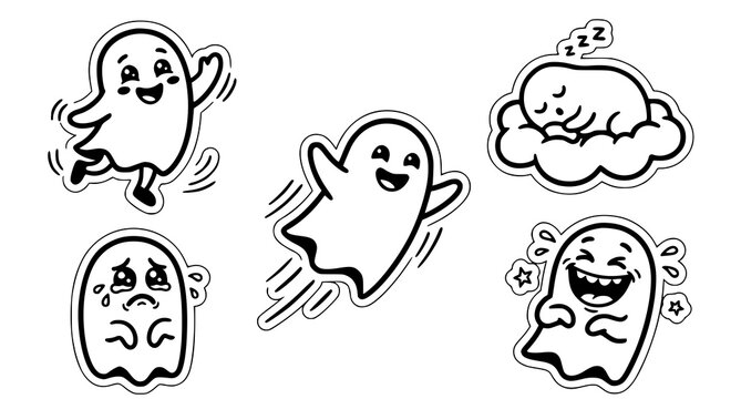 A set of five cartoon ghosts with different emotions and actions
