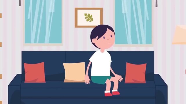 2D Animation of a Sad and Lonely Boy Sitting Alone on a Sofa in a Living Room, Childhood Loneliness Concept