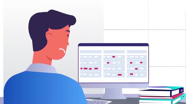 2D Animated Scene of a Frustrated Businessman Staring at a Project Schedule Calendar on a Screen, Deadline and Burnout Concept